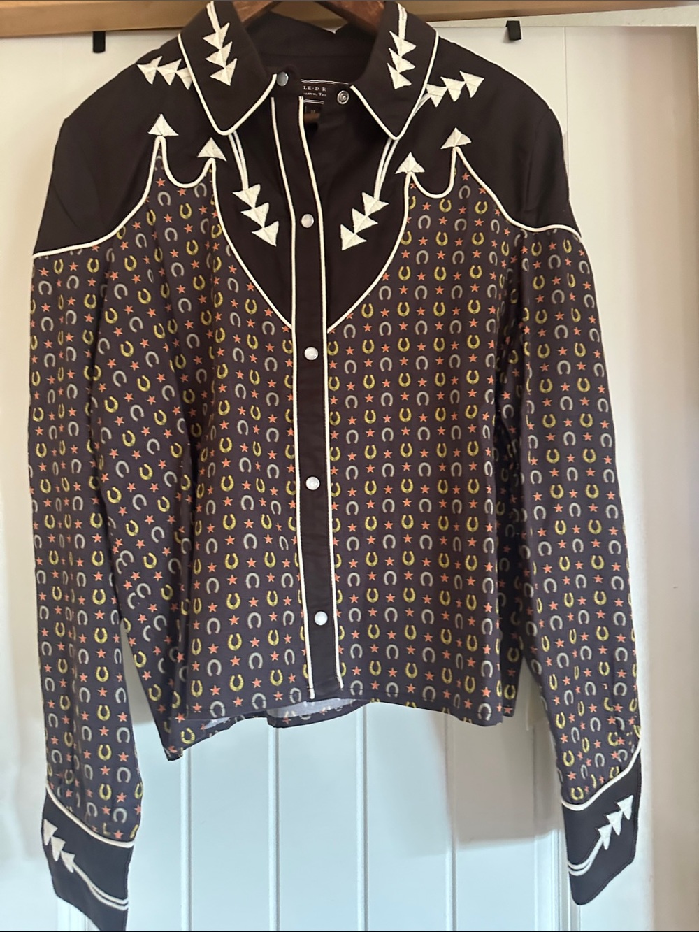 Double D Ranch Black Button-Down Western Shirt with Multicolor Horseshoe Print